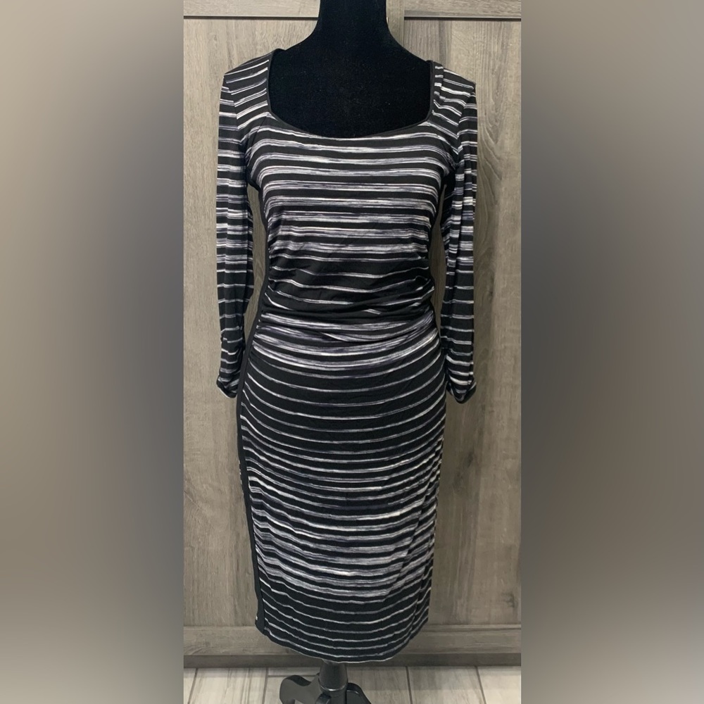White House Black Market Black with White Stripes Sleeved Dress Women's XS
